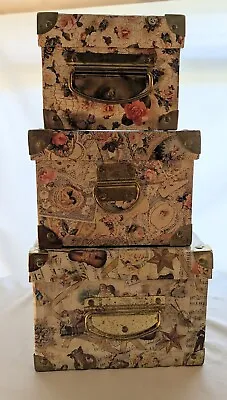 Collection Of 3 Decorative Keepsake Nesting Boxes Gold Metal Corners & Handles • $28.40