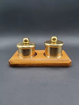 Vintage Desk Organizer Brass Round Lidded Jar & Stamp Dispenser With Wooden Tray • $19.99