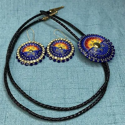 Native American Beaded Mens Bolo Tie & Women’s Earrings Matching Sweetheart Set • $95