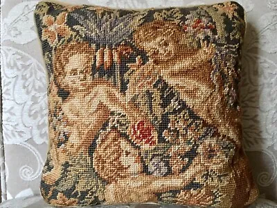 Vintage Needlepoint Embroidered Throw Pillow Cherubs And Flowers • $21.99