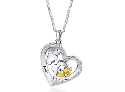 Silver Mother And Daughter Heart Birthstone Name Pendant Necklace Engraved Gift • $39.90