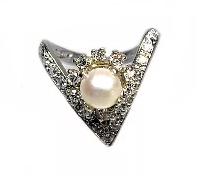 14K White Gold Mabe Pearl & 0.70ctw Diamond Chevron Eternity Ring - Sz. 5.75 • $863