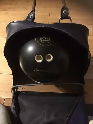 Vintage Brunswick Black Beauty Bowling Ball + Scovill Burgundy Blue Bag W/ Rack • $15