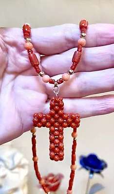 LOVELY Antique/Vintage 14 Kt. Gold Mediterranean Oxblood Coral Cross Necklace • $240