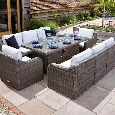 Luxury Rattan 8 Seater Garden Sofa Set Fire Pit Table Grey Primrose Living • £2664.98