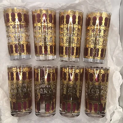 Vintage MCM Culver Cranberry & 22K Gold Scroll Highball Glasses Set Of 8 READ • $99.99