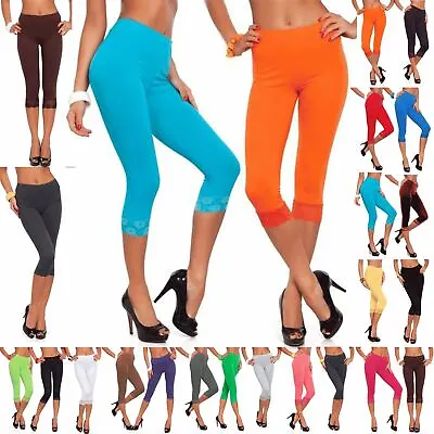£2.99 • Buy Womens Ladies 3/4 Length Lace Trim Cropped Fitted Jog Trousers Jeggings Leggings