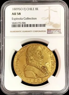 1809 So Fj Gold Chile 8 Escudos Ferdinand Vii Military Bust Ngc About Unc 58 • $3550