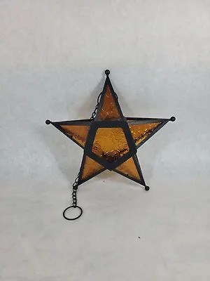 Moroccan Star Lantern Amber Glass Five Points Tea Light Candle Hanging  10.5” • $29