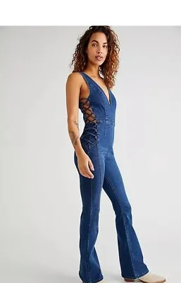 Free People Geanie Lace-Up Flare Jumpsuit Denim Blue Size Small NEW • £29