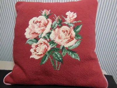 Vintage Needlepoint Rose Pattern Pillow 15  X 15  Backed W Pink Moire Fabric • $33.23