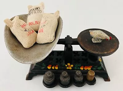 Vintage Small Miniature Cast Iron Balance Scale W/ 4 Weights 3 Bags Chicken • $59.99