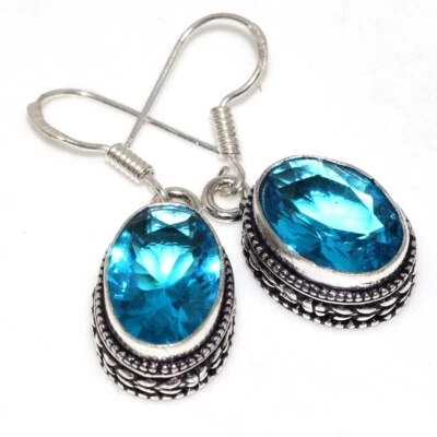 $3.99 • Buy Blue Topaz 925 Silver Plated Vintage Gemstone Earrings 1.5  Exquisite Gift GW