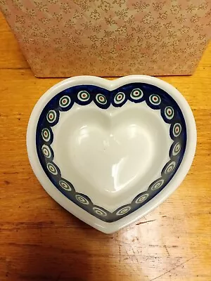 Boleslawiec Polish Pottery Heart Bowl Manufactura  Peacock Leaf Border Candy  • $20