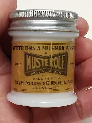 Vintage MUSTEROLE GLASS BOTTLE METAL CAP EMPTY MUSTARD PLASTER MILKGLASS WHITE • $6.99