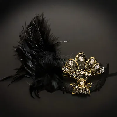 Mardi Gras Venetian Feather Masquerade Mask For Women Black Gold M8337  • $16.96