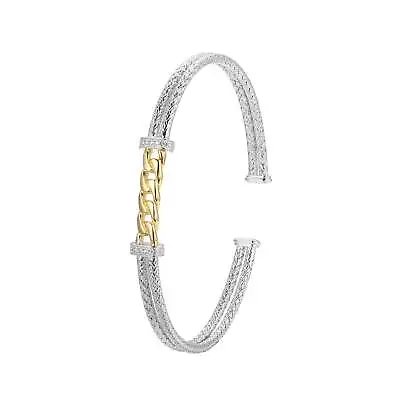 Charles Garnier 6.75  2-Tone Sterling Silver Mesh CZ Link Station Cuff Bracelet • $180