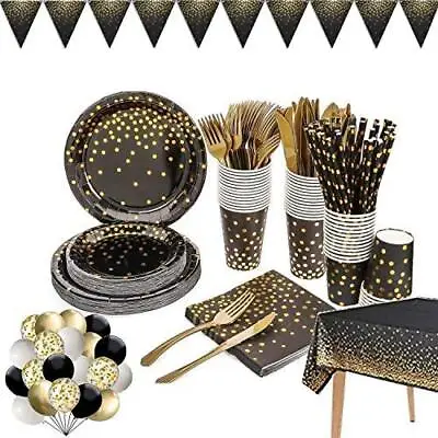 £22.43 • Buy 142Pieces Black And Gold Party Supplies Set Golden Party Dinnerware Tableware