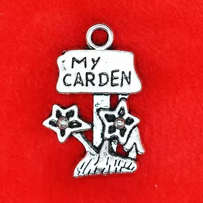 5 X Tibetan Silver 'My Garden' Sign With Flower Charm Pendant Jewellery Making • £2.39