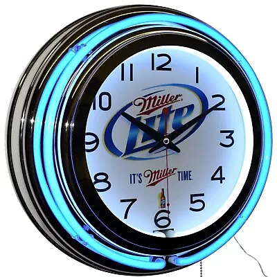 15  It's Miller Time Miller Lite Double Neon Clock Man Cave Pub Bar Decor (Blue) • $119.95
