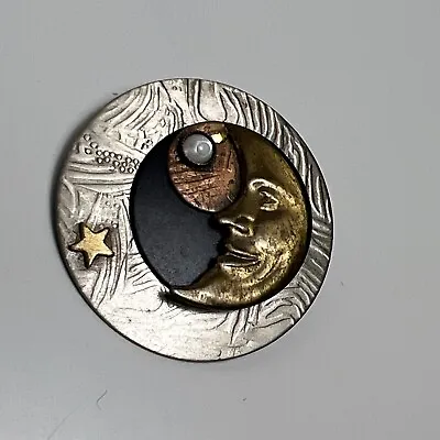 Vintage Mixed Metal Man In The Moon Brooch Pin Silver Copper Gold Jewelry Star • $16.99