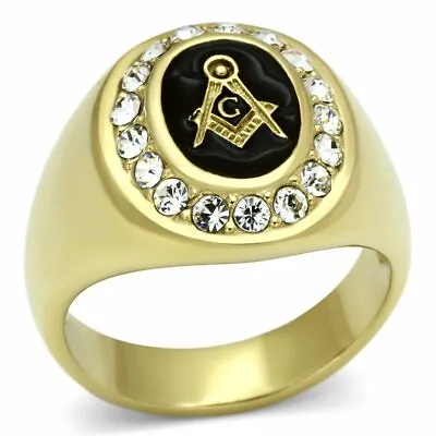 Mens Masonic Ring 18k Gold Signet Pinky Simulated Diamonds Oval Stainless Steel  • £18.95