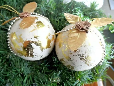 2 Vintage Christmas Ornaments - WHITE PLASTIC BALLS W/SPLASHES OF GOLD & TRIM • $5.99