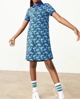 Girls' Lacoste X Minecraft Print Cotton Piqué Polo Dress SIZE 12 Blue/Green • £32.16