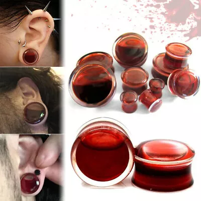 Pair Blood Red Liquid Filled Double Ear Plugs Flesh Tunnels Gauges Halloween • $2.39