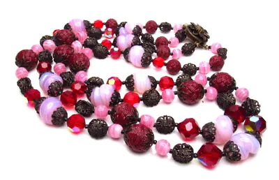 Vintage Jonne Pink & Red Art Glass Crystal Necklace 2 Strand Multi Strand • $249