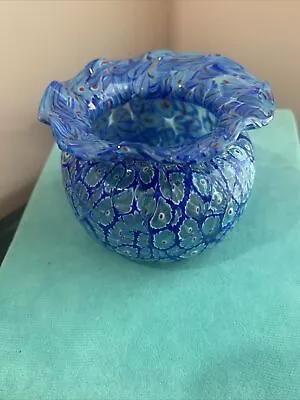 Vintage Fratelli Toso Murano Art Glass Millefiori Blue Ruffled Small Vase Votive • $79.99