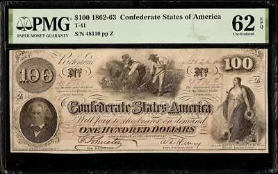 1862 $100 Bill Confederate States Currency Civil War Hoer Note Money T41 Pmg 62 • $275