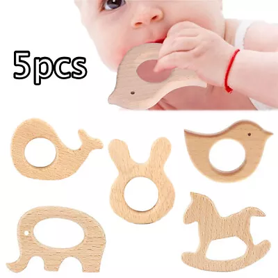 5pcs Baby Wooden Teething Rings Animal Shape Safety Molar Stick Toy Wood Teether • £5.24