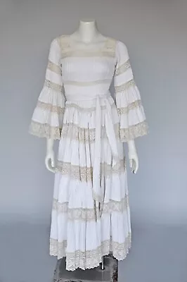 VTG 60s 1960s White Pleated Mexican Wedding Maxi Dress Angel Sleeves Lace XS • $425