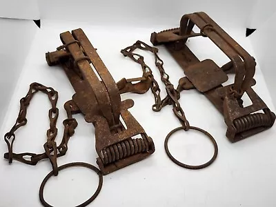 Antique Triumph EASY SET No.3 Animal Trap (2) Spring Jaw W/Chains SQUARE GRIP • $56