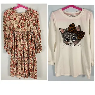 $19.79 • Buy Girls ZARA Floral Ruffle Dress Sz 7  & H&M Cat Graphic Long Sleeve Dress 6-8 Y