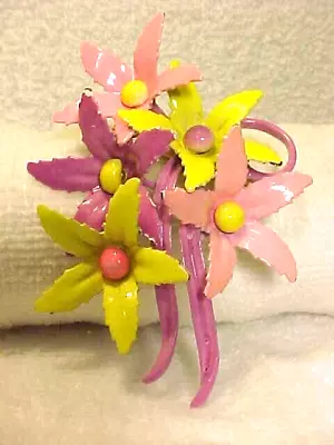 Vintage Pink & Yellow Enameled Flower Bouquet Brooch • $14