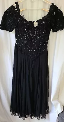 Vintage Alyce Designs Black Silk  Beaded Sequin Floor Length Dress Size 18 • $124.99