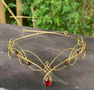 Gold Tiara Circlet Garnet And Red Crystal Medieval Crown Renaissance Headpiece C • $47.29