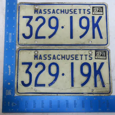 Massachusetts License Plate Tag Pair 1973 73 329 19K Ma 73 • $31.49