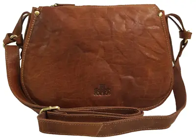 Rowallan Tan Structured Top Zip Medium Rustic Leather Saddle  Crossbody Bag 2738 • £67.49