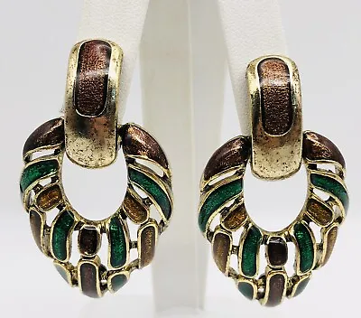 CRAFT Signed 80'S Mogul Vintage Multi Color Glass Enamel Clip Earrings • $50