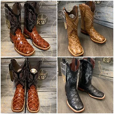 Men's Rodeo Cowboy Fish Pirarucu Print Western Square Toe Boots Cognac Botas • $119.99