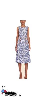 $100 • Buy Staud Women Bait Blue Toile Whiskey Faux Leather Trim Jewel Neck A-Line Dress 8