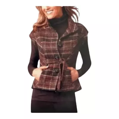 CAbi Wool Blend Cinch It Up Brown Plaid Tweed Belted Vest Style #691 Medium • $25