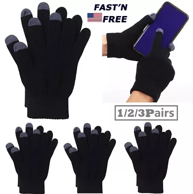 3Pairs Adult Winter Knitted Magic Stretch Gloves Warm Mittens Black Soft Gloves • $7.27