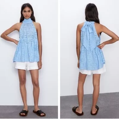 Zara Floral Lace Halter Mock Neck Peplum Blouse Preppy Relaxed Blue Medium • $24.75