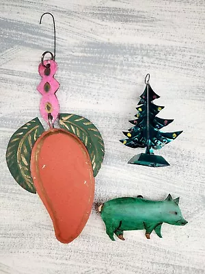 Vintage Pressed Tin Ornaments Mexican Folk Art-Pig Tree Fruit PreOwned • $10.50