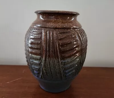 Kim T. Black Milledgeville Georgia GA Pottery Blue Brown 8in Vase 1986 Folk Art • $110.69