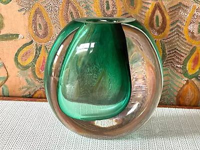 Vintage 1960s Kosta Boda Green Sommerso Signed Glass Vase - Vicke Lindstrand • $175